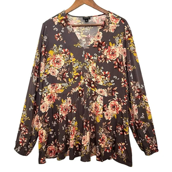 Torrid Floral Crepe Rayon Babydoll Top Size 1X Multicolor Long Sleeve - Picture 2 of 8